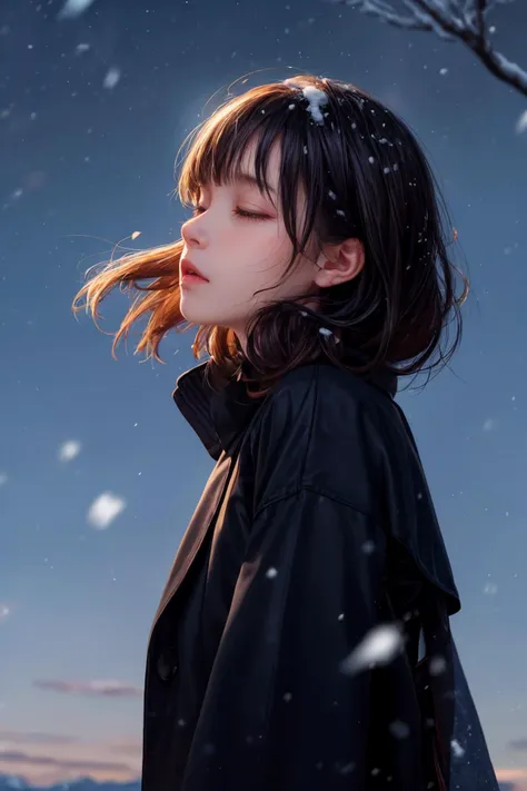 a girl with short hair in a black coat was standing in the snow,look up,the breeze stirred the hair,heavy snow,snowing,<lora:MengX girl_Mix_V40:0.9>,depth of field,telephoto lens,messy hair,((close-up)),((sad)),sad and melancholy atmosphere,reference movie love letter,profile,looking up,(face focus),((floating hair)),bangs,eyes focus,half closed-eyes,central composition,from below,<lora:add_detail:1>,