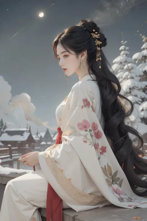 moon,night,long hair,full moon,1girl,sky,snow,outdoors,black hair,hanfu,sitting,night sky,animal,wolf,tree,profile,snowing,long sleeves,wide sleeves,winter,chinese clothes,bangs,bare tree,sidelocks,very long hair,fur trim,star (sky),from side,cloud,steam,jewelry,earrings,fur,closed mouth,<lora:anxiang:0.55>,