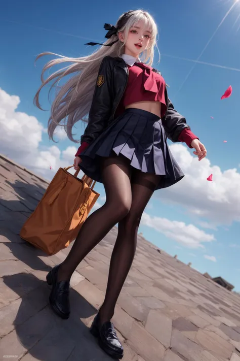 (best quality),((masterpiece)),(highres),illustration,original,extremely detailed,1girl,solo,pantyhose,long hair,solo,school uniform,skirt,black pantyhose,petals,hime cut,smile,open mouth,very long hair,<lora:add_detail:1>,zettai ryouiki,navel,full body,from below,([white|black] hair:1.5),rooftop,sky,black_loafers,<lora:MengX girl_Mix_V40:0.8>,