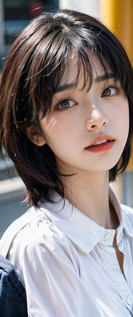a close up of a person with a short hair, electronic ads, weibo, realistic professional photo, portrait of a 40 years old women, this character has cryokinesis, female robot, older woman, wide neck, brown bangs, failed cosmetic surgery, white wrinkled shirt<lora:add_detail:0.7> <lora:FilmVelvia3:0.4> ,absurdres, blush, kiss, fangs,<lora:shenyue1:0.5>