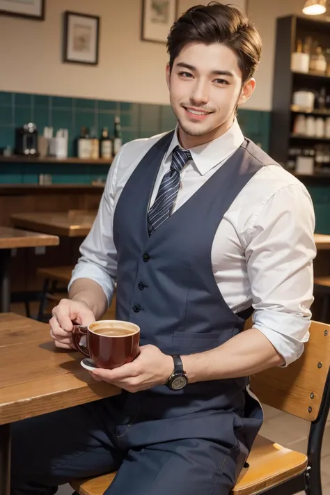 cafe,date,light smile,mature male,(muscular:0.6),