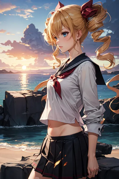 ((masterpiece)), (best quality), official art, extremely detailed CG, unity 8k wallpaper, ultra detailed,
aaharvey, long hair, twintails, twin drills, hair ribbon, 
school uniform, serafuku, navy shirt, long sleeves,  naby colloar, red collar ribon, navy skirt, miniskirt, pleated skirt, 
highleg, <lora:claire_harvey_v1:0.7>,Disgust, Balancing with one foot raised behind, 
upper body, sunset, 
Stunning waterfalls cascading down rocky cliffs,