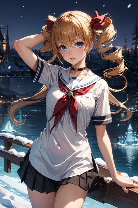 ((masterpiece)), (best quality), official art, extremely detailed CG, unity 8k wallpaper, ultra detailed,
aaharvey, long hair, twintails, twin drills, hair ribbon, 
school uniform, serafuku, white shirt, short sleeves,  white colloar, red collar ribon, navy skirt, miniskirt, pleated skirt, 
highleg, <lora:claire_harvey_v1:0.7>,Euphoric, Lounging with one hand behind the head, 
cowboy shot, night, 
Snowy Winter Wonderland with Ice Castle,
