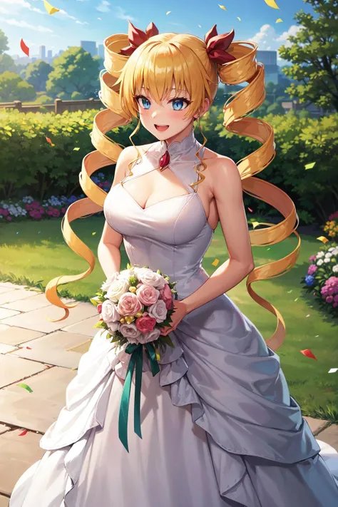masterpiece, best quality, highres, aaharvey, long hair, twintails, twin drills, hair ribbon, <lora:claire_harvey_v1:0.7>, wedding dress, standing, garden, confetti, holding bouquet, smile, open mouth,