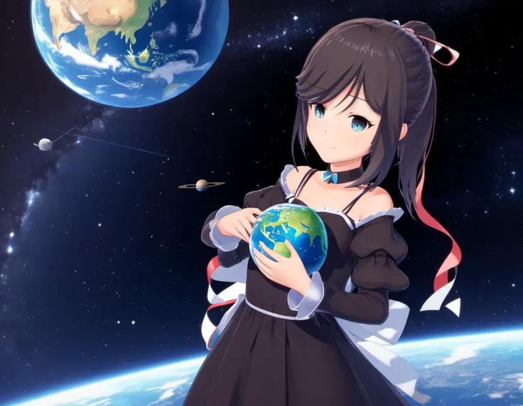 <lora:Maya_Makinami_from_LiL:.8>, A girl holding planet earth between her hands, jvdaniang, planet size, 1girl, dress, hair ornament, ribbon, outer space, ponytail, closed mouth, long sleeves, small breasts, hair ribbon, collarbone, dutch angle, hair between eyes, upper body, smile, medium hair, looking at viewer, floating