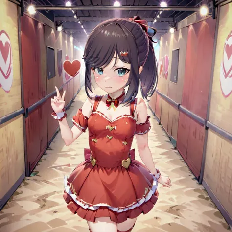 <lora:Maya_Makinami:1>,<lora:DetailedEyes_V3:1>, <lora:xl_idol_dress-2.0:1> red idol dress, ponytail, looking at viewer, cosplay, facing viewer, cowboy shot, walls, simple heart background, closed mouth, solo focus, hair between eyes, medium hair, hair ribbon, casual, ribbon, flat chest, hair bun, smile, happy, peace sign, lips, standing