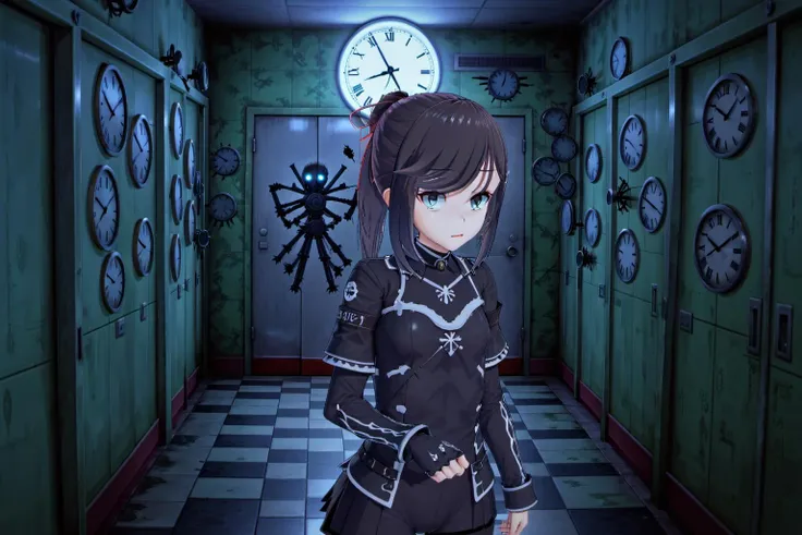 combat armor,  holding a gun, room with clocks, room with clocks covering all the walls, ponytail, looking at viewer, cosplay, facing viewer, cowboy shot, indoors, closed mouth, solo focus, hair between eyes, medium hair, hair ribbon, casual, ribbon, creepy smile, lips, (clocks:1.5), night, (dark:1.5), wall, bathroom, shadow, tiles, fog, standing, creepy, ominous, dark  <lora:Maya_Makinami:1>