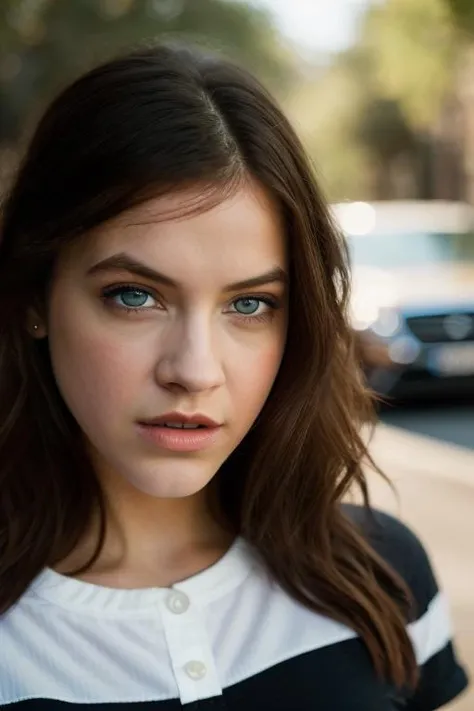 <lora:b4rb4r4p4lv1n:0.9>, a Realistic photo of b4rb4r4p4lv1n woman, long hair, looking at viewer, blue eyes, brown hair, shirt, black hair, white shirt, upper body, short sleeves, parted lips, lips, striped shirt, realistic, nose, professional Photography, Photorealistic, detailed eyes, RAW, analog, sharp focus, 8k, HD, DSLR, high quality, Fujifilm XT3, film grain, award winning, masterpiece