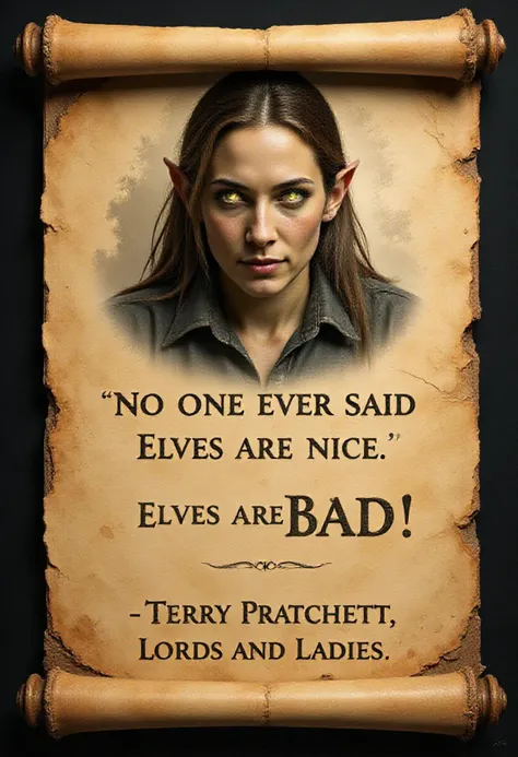 An ancient scroll, weathered and torn, with a semi-transparent portrait of an evil elf printed faintly in the background. The elf has sharp features, glowing eyes, and long, twisted hair, giving off a malevolent aura. In the center of the scroll are three lines of text, written in a bold, antique script.
First line (small text):
"NO ONE EVER SAID ELVES ARE NICE."
Second line (small text):
"ELVES ARE BAD!"
Third line (small text):
"-TERRY PRATCHETT, LORDS AND LADIES"
aidmaTextImprover