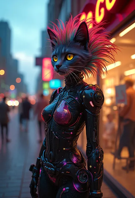 avant_gardepunk style, at sunset, a cat-human hybrid stands proudly outside a futuristic D&G-style boutique, sleek carbon fiber mechanical arms, atmospheric perspective, hairstyle a riot of colorful spikes and dye, augmented enhancements visible, glowing circuits and fiber-optic strands and LEDs of pulsing with energy, and explosion of creative chaos, vibrant colors and bold outlines, style of Wayne Barlowe meets Jean-Paul Goude, <lora:other/flux_realism_lora> . cutting-edge fusion of art, music, fashion, and technology, blending bold, colorful patterns, distorted proportions, abstract shapes, and augmented mechanical enhancements, featuring punk-inspired hairstyles, makeup, and accessories, and an atmosphere of creativity and rebellion