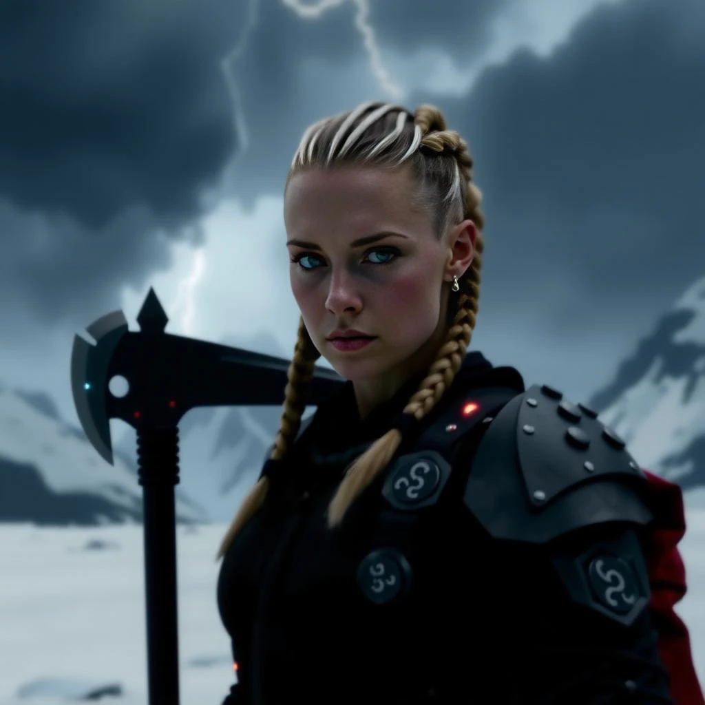 A captivating image emerges, focusing on a viking_punk warrior-princess with her presence commanding attention in the icy wasteland. Her futuristic viking armor based on traditional viking armor, a seamless fusion of technology and her athletic form, slim-athletic form highlights her strength and agility. The warrior's twin braids with shaved sides, frames her determined expression, while her piercing eyes bore into the viewer. Ancient runes are etched into her battleaxe and armor, crackling with mystical glowing energy. The frozen landscape, a testament to her people's resilience, stretches into the distance, where dark, ominous clouds partially veil the rugged mountainous pass, filling the air with crispness and the promise of lightning. This artwork, with its Nordic and Viking-inspired elements, captures the essence of a powerful futuristic figure, seamlessly blending ancient traditions with futuristic innovations.  <lora:flux/The beauty of realism (FLUX)>, Beauty, chiaroscuro, play of shadow and light, realistic. <lora:flux_trainer/vikingPunk_v2_rank64_bf16-step01500:0.8>,  <lora:postApocalypse_v1:0.6>, <lora:flux/Sinfully_Stylish_.02_for_FLUX-000002>,  <lora:flux/aidmaImageUpgrader-FLUX-V0.1>, detailmaximizer,  <lora:flux/perfection style v1>, perfection style, <lora:Magic of Art  2  (FLUX)>, Cinematic style, Beauty, Realism, Photorealism, Chiaroscuro, High quality,