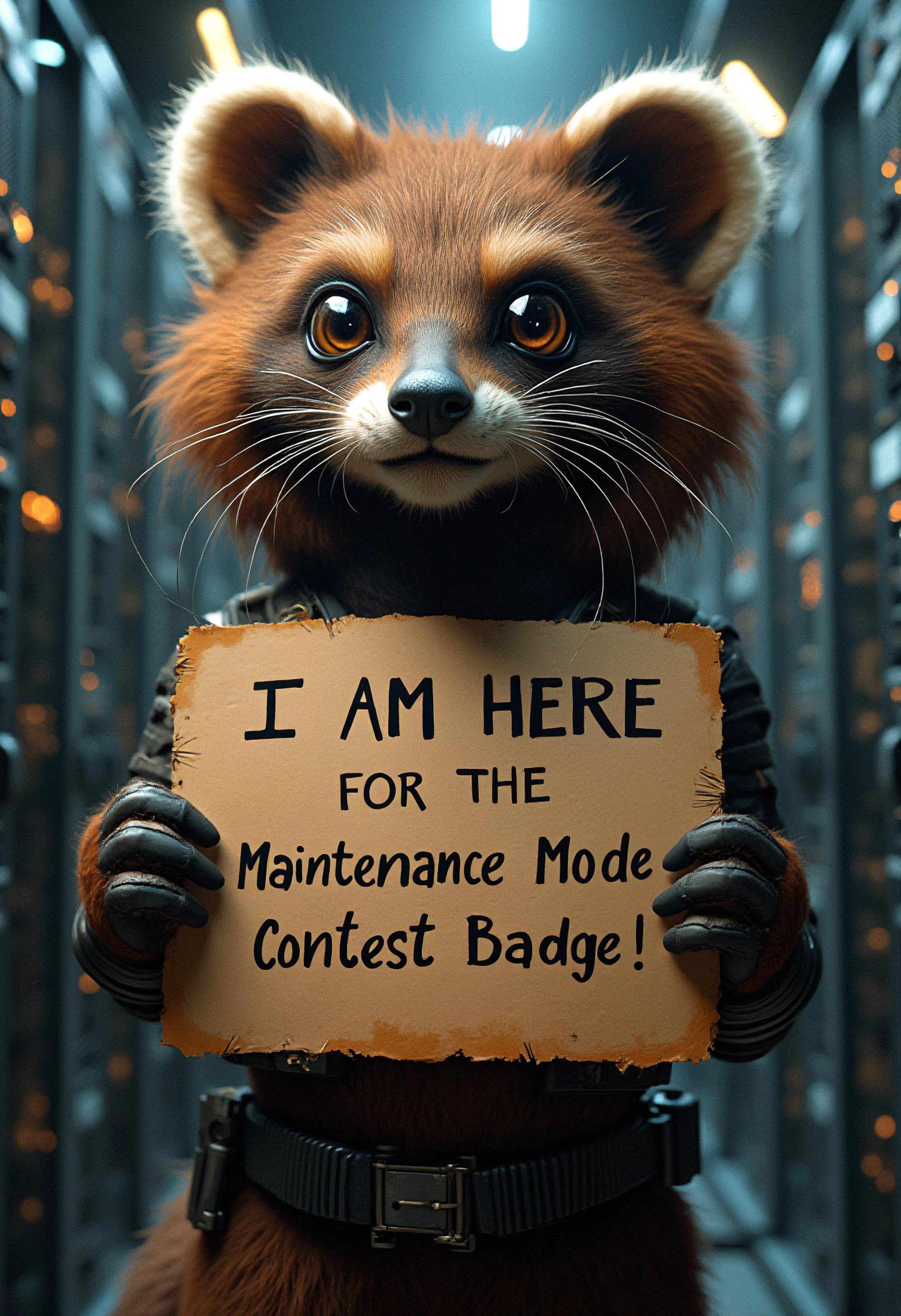 technopunk style, a giant shy coati in the CIVITAI severroom holding a dirty used cardboard sign with text "I AM HERE FOR THE Maintenance Mode Contest BADGE!" <lora:FluxDFaeTasticDetails:0.8>