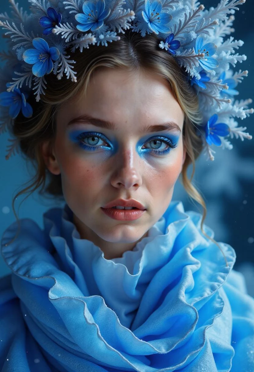 A portrait of a young bailing_lightning woman, Scandinavian, her eyes adorned with glacial blue smoked eyeshadow, with a serene and content expression. A beautiful biomorphic crystalline winter landscape, dotted with glacial flowers. She is draped a haute-couture rococo style glacial clothing, its folds and layers seeming to shift and shimmer like the aurora borealis. Every detail of the painting is rendered with an elegance and intricacy, a highly detailed masterpiece. style of miles aldridge, <lora:artist/style_of_Miles_Aldridge_FLUX_154.safetensors:1.0>,