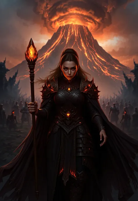 mythp0rt art, ral-ertmsphr, a female face, As dawn breaks, a polynesian woman from Kislev in Warhammer Fantasy Battles stands confidently before a massive Kislevite army. She wears intricate, flame-licked armor that covers her from neck to boots, with accents of smoldering embers, and a flowing dark cloak billowing in the wind. The armor and cloak are a deep, rich black, with a high neckline and long sleeves that conceal her skin, and the cloak is draped modestly around her body, covering her from shoulder to ankle.
In her hand, she clasps a staff topped with a pulsing, fiery crystal that seems to radiate heat. Her face is regal, confident, and determined, glowing with a warm, golden light that seems to emanate from within.
In the background, a vast, dark valley stretches out, dotted with soldiers in heavy armor, their forms silhouetted against the massive distant volcano that looms menacingly, the fiery glow of lava streaming down its sides, its peak obscured by a storm of ash and smoke, creating an atmospheric perspective that adds to the otherworldly, mystical mood. The contrast between the cool, dark tones of the foreground and the warm, fiery tones of the background creates a sense of depth and drama, drawing the viewer's eye into the heart of the scene.