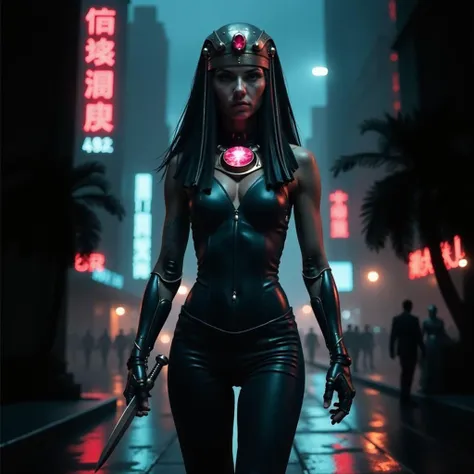 A captivating post-apocalypse stillsuit-clad Egyptian queen stands amidst a futuristic cityscape, her biomechanical form a seamless blend of human and machine, showcasing her mechanical_arms. The sleek design accentuates her graceful figure, while cybernetic enhancements, illuminated by the city's neon lights, create an ethereal glow. She holds a dagger, her pose commanding and enigmatic. The Tiger's Eye Telepathic Ruby at her throat emits a mysterious light, adding to the scene's allure. This digital artwork, with its intricate details and painterly style, portrays a unique fusion of ancient royalty and futuristic technology, leaving viewers entranced by her beauty and the secrets she holds.  <lora:scifi/stillsuit_v133> <lora:flux_realism_lora:0.8>,  <lora:mjv6_lora flux.safetensors_converted:0.8>âââ, <lora:flux/Sinfully_Stylish_.02_for_FLUX-000002>