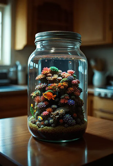 analog film photo Epic optical illusion of a glass jar sitting on a kitchen counter.  Within the jar is a mesmerizing shrunken/micro reef, vibrant and a colorful , surrounded by a kaleidoscope of colorful saltwater fish. The water inside the jar is crystal-clear, and the reef and fish are vibrant contrasting with the dull kitchen outside of the jar, allowing the reef's vivid beauty to take center stage.
Use bokeh to slightly the kitchen background while keeping the contents of the jar sharply focused, letting the kitchen to recede. The contents of the jar should be brightly lit a dynamic natural lighting as if it were lit by the sun at high noon while the kitchen remains dimly lit. . faded film, desaturated, 35mm photo, grainy, vignette, vintage, Kodachrome, Lomography, stained, highly detailed, found footage