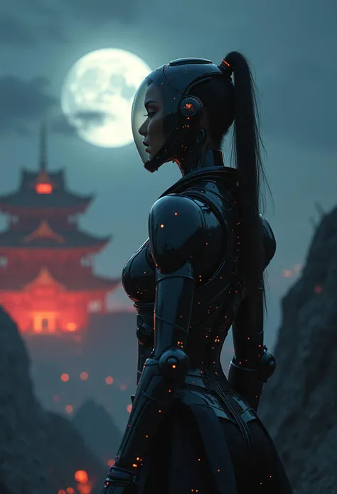 Macabre style Silent sentinel on a silken veil of nightfall, human-android hybrid femme fatal samurai, poised atop a rocky outcropping, gazing out over the ravaged remains of an ancient palace ablaze in the moonlight. Clad in a sleek stealth exoskeleton that denotes samurai her legacy, mechanical arms, transparent tinted visor with an HUD, piercing dimly glowing mechanical eyes. Emanating a potent aura of danger and allure, full lips curled into arrogant seductive smile. Japanese ero-guro style, cyberpunk 2077 aesthetic, ancient Japanese cultural influences woven throughout,