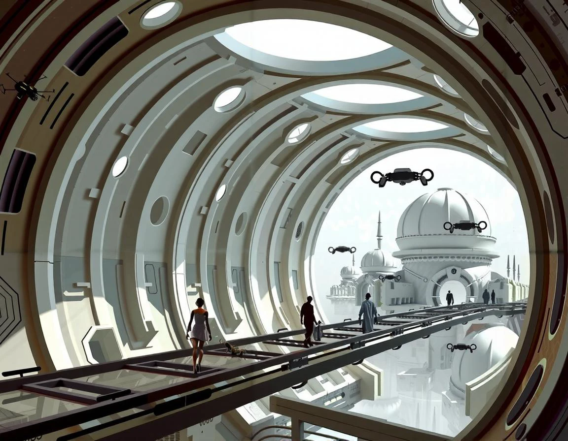 a futuristic off world colony in an in hospitable alien planet. The colony is mad up of futuristic brutalist buildings underneath glass domes. the domes are connected by glass tunnels. people can be seen walking the tunnels. maintenance drones fly around keeping every ting in working condition.