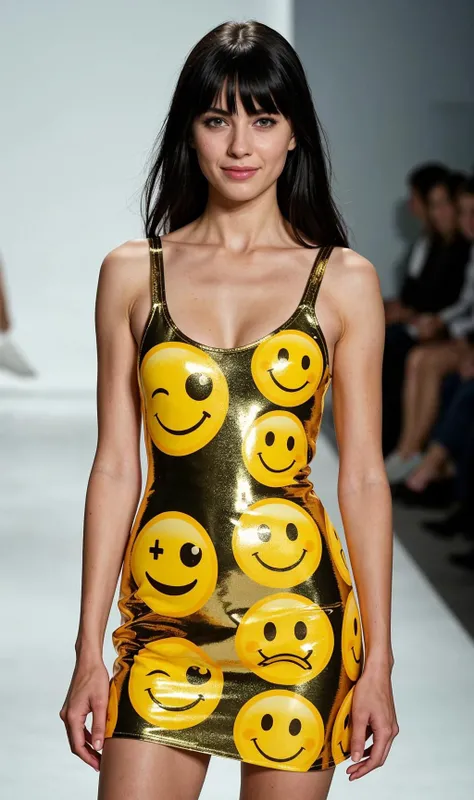 (blurry:-1), (sharp focus)
professional photo of a standing caucasian woman in a (shiny metallic dress) made entirely out of large yellow face emojis. ((black hair. blue eyes)). hand on hip.
stunning eyes, skin detail, skin pores, blemishes.
simmple detailed background. fashion runway.
RAW photo, masterpiece, photorealistic, 8k, stunning eyes, skin detail, skin pores, blemishes