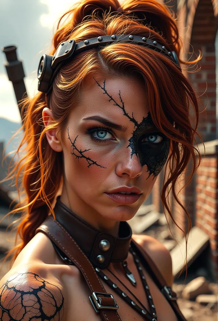 A formidable steampunk-inspired woman strides through a post-apocalyptic setting, her intense gaze drawing you in. Her auburn hair, wild and untamed, frames piercing blue eyes, focused and determined. The cracked, dark makeup on her face, like a shattered mask, enhances her battle-hardened appearance. She wears a metal headband and leather strap, complementing her rugged style, while the tribal, cracked pattern on her skin echoes the mask's design. Her attire includes a sleeveless, well-worn, high-neck buckskin mock neck halter top with metal studs and a utility harness, showcasing her athletic build. The desolate backdrop, with crumbling brick buildings, threatening clouds, and the setting sun casting long shadows, creates a dramatic atmosphere, highlighting this powerful woman's resilience and strength in a harsh dystopian world. <lora:scifi/postApocalypse_v1:0.6> <lora:flux/aidmaImageUpgrader-FLUX-V0.2>, aidmaimageupgrader, <lora:flux/mjv6_lora flux.safetensors_converted>, <lora:flux/flux_realism_lora>,