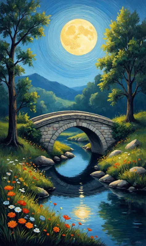 renaissance style impressionist painting. moonlight. reflections on water. quaint stone bridge. small stream. wildflowers. asymetric. in the style of Van Gogh