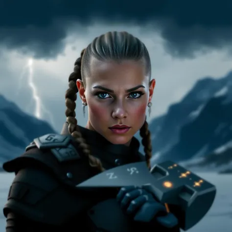 A captivating image emerges, focusing on a viking_punk warrior-princess with her presence commanding attention in the icy wasteland. Her futuristic viking armor based on traditional viking armor, a seamless fusion of technology and her athletic form, slim-athletic form highlights her strength and agility. The warrior's twin braids with shaved sides, frames her determined expression, while her piercing eyes bore into the viewer. Ancient runes are etched into her battleaxe and armor, crackling with mystical glowing energy. The frozen landscape, a testament to her people's resilience, stretches into the distance, where dark, ominous clouds partially veil the rugged mountainous pass, filling the air with crispness and the promise of lightning. This artwork, with its Nordic and Viking-inspired elements, captures the essence of a powerful futuristic figure, seamlessly blending ancient traditions with futuristic innovations. <lora:flux/The beauty of realism (FLUX)>, Beauty, chiaroscuro, play of shadow and light, realistic.  <lora:flux_trainer/vikingPunk_v2_rank64_bf16-step01500:0.8>, <lora:postApocalypse_v1:0.6>, <lora:flux/Sinfully_Stylish_.02_for_FLUX-000002>,  <lora:flux/aidmaImageUpgrader-FLUX-V0.1>, detailmaximizer,  <lora:flux/perfection style v1>, perfection style, <lora:Magic of Art  2  (FLUX)>, Cinematic style, Beauty, Realism, Photorealism, Chiaroscuro, High quality,