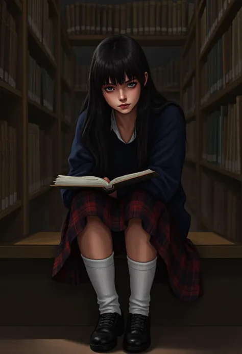 shy and introverted 18 year old girl sitting in the library studying, with dark blue eyes, mostly straight long black hair with bangs that often hangs in front of her eyes, hair typically unkept, skinny with a slightly curvy figure, medium height, small to medium sized breasts, no makeup, wearing a wrinkled navy sweater that is completely unbuttoned, white blouse, dark red and navy blue plaid skirt that's slightly too big, with a pair of scuffed black shoes and knee-high white socks, a look of concentration and a hint of determination and depression on her face, semi-realistic, art,