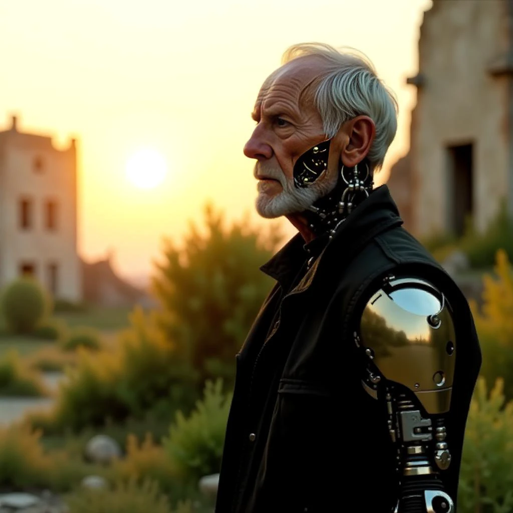 The sun casts a warm glow over a post-apocalyptic landscape, where a serene figure stands amidst the ruins with rim lighting and the sun setting behind him. He is an elderly man with mechanical arms and augments, his face a captivating blend of human and machine, with cybernetic augments revealing intricate mechanical components beneath his translucent skin. The mechanical parts, a masterpiece of craftsmanship, combine brass, copper, and silver, seamlessly woven into his being, creating a unique, biomechanical appearance. Dressed in worn clothing, he embodies the resilience of a survivor, his weathered features telling a story of endurance and adaptation. The background, a detailed portrayal of a world after disaster, features crumbling buildings and overgrown vegetation, bathed in the golden light of late afternoon, offering a sense of tranquility within the desolation. This photorealistic rendering captures a moment of peaceful reflection, where the fusion of humanity and technology inspires awe and contemplation. <lora:scifi/fluxMechanicalArms_v1>, <lora:scifi/fluxAugments_v2>, <lora:scifi/postApocalypse_v1> <lora:flux/aidmaImageUpgrader-FLUX-V0.2>, aidmaimageupgrader, <lora:flux/Herbst_Photo_35mm v2>, herbstphoto,