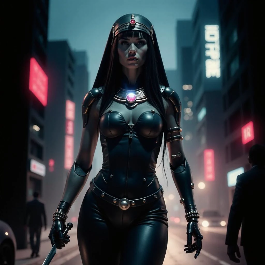 A captivating post-apocalypse stillsuit-clad Egyptian queen stands amidst a futuristic cityscape, her biomechanical form a seamless blend of human and machine, showcasing her mechanical_arms. The sleek design accentuates her graceful figure, while cybernetic enhancements, illuminated by the city's neon lights, create an ethereal glow. She holds a dagger, her pose commanding and enigmatic. The Tiger's Eye Telepathic Ruby at her throat emits a mysterious light, adding to the scene's allure. This digital artwork, with its intricate details and painterly style, portrays a unique fusion of ancient royalty and futuristic technology, leaving viewers entranced by her beauty and the secrets she holds. <lora:scifi/stillsuit_v133> <lora:flux_realism_lora:0.8>, <lora:mjv6_lora flux.safetensors_converted:0.8>âââ, <lora:flux/Sinfully_Stylish_.02_for_FLUX-000002>