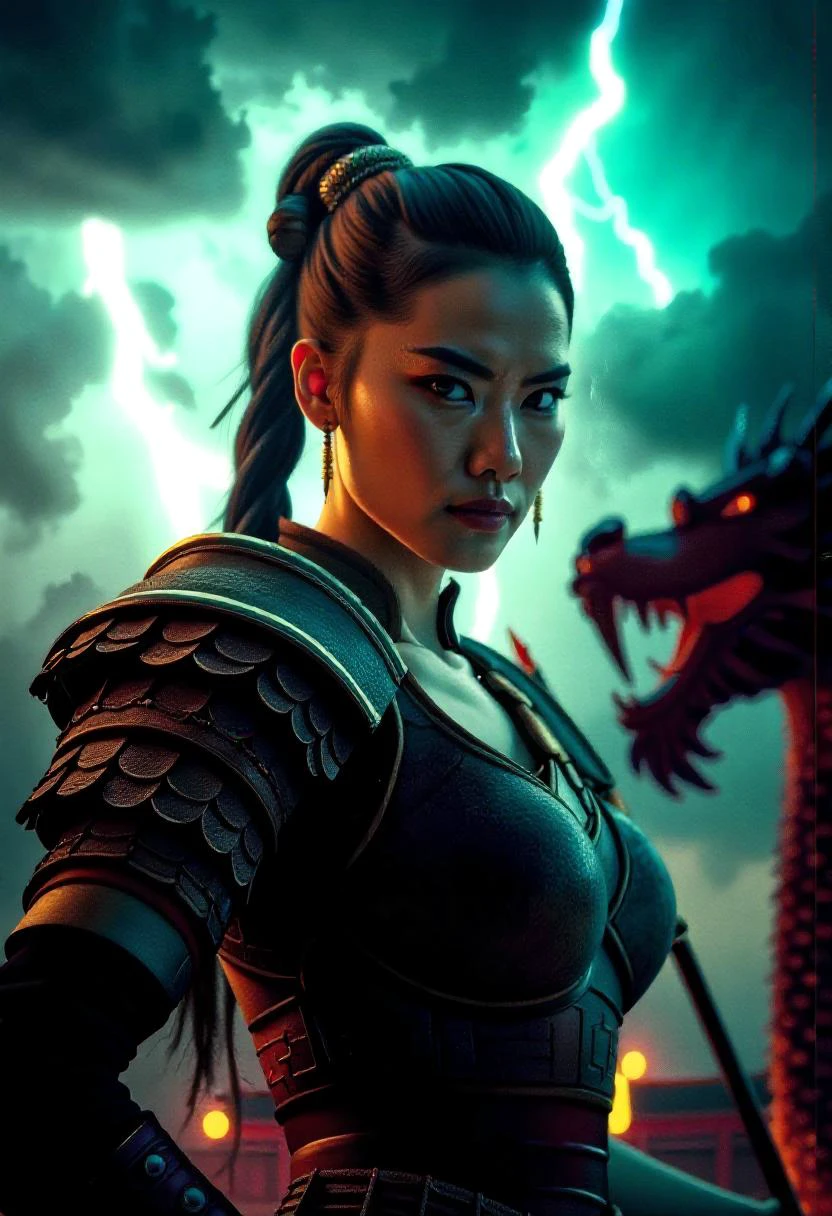 Amidst a storm-laden sky with a severe lightning storm, a Chinese warrior stands ready, her ancient ceremonial armor. A Chinese_dragon is in the background peering over her shoulder at the viewer, scales shimmering with each lightning flash, her companion. Her pose, tall and proud, exudes strength and confidence as she wields her spear, ready to face any challenge. The armor, a masterpiece of craftsmanship, accentuates her lithe yet muscular figure, its intricate details highlighted by the dramatic lighting. This scene, with its vibrant colors and high contrast, portrays a powerful woman, a force to be reckoned with, leaving viewers in awe of her beauty, strength, and the ancient traditions she embodies. <lora:flux/aidmaImageUpgrader-FLUX-V0.2>, aidmaimageupgrader, <lora:flux/Magic of Art 2 (FLUX)> Cinematic style, Beauty, Realism, Photorealism, Chiaroscuro, High quality, <lora:flux/Sinfully_Stylish_.02_for_FLUX-000002>