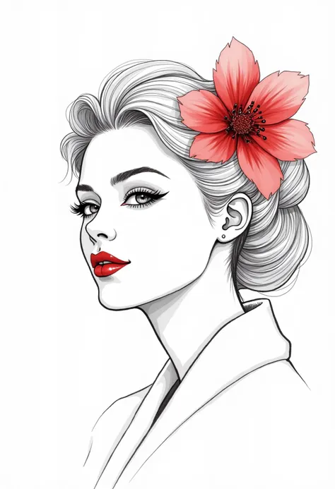 outline japanese woman face, blond hair with red cherry blossom, b&w sketch drawing style, fine line, white background, elegant vibes, glamour, 3D, 32k