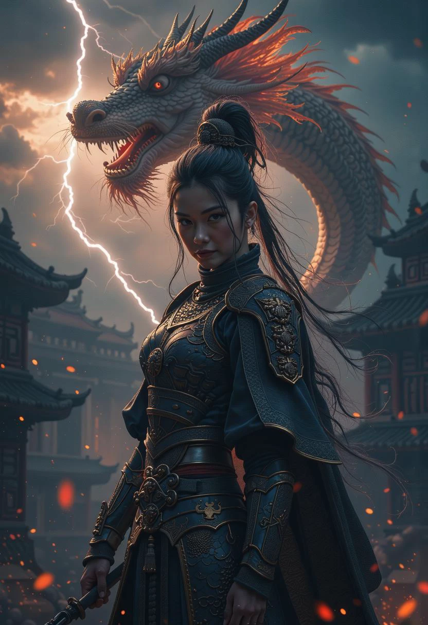 Amidst a storm-laden sky with a severe lightning storm, a Chinese warrior stands ready, her ancient ceremonial armor. A Chinese_dragon is in the background peering over her shoulder at the viewer, scales shimmering with each lightning flash, her companion. Her pose, tall and proud, exudes strength and confidence as she wields her spear, ready to face any challenge. The armor, a masterpiece of craftsmanship, accentuates her lithe yet muscular figure, its intricate details highlighted by the dramatic lighting. This scene, with its vibrant colors and high contrast, portrays a powerful woman, a force to be reckoned with, leaving viewers in awe of her beauty, strength, and the ancient traditions she embodies. <lora:flux/aidmaImageUpgrader-FLUX-V0.2>, aidmaimageupgrader, <lora:flux/Magic of Art 2 (FLUX)> Cinematic style, Beauty, Realism, Photorealism, Chiaroscuro, High quality, <lora:flux/Sinfully_Stylish_.02_for_FLUX-000002>