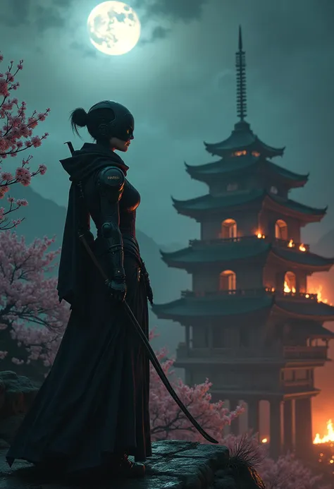 Macabre style Silent sentinel on a silken veil of nightfall, human-android hybrid ninja poised aloft an outcropping, surveying her damage with quiet vigor. Surveying the burning ancient palace under moonlight, its traditional Japanese architecture still visible amidst the destruction. The palace's gardens, once serene and peaceful, now lie in ruins, with cherry blossoms scattered among the ashes. She is a cybernetic femme fatale, clad in a sleek stealth exoskeleton that denotes samurai her legacy, covers her body entirely from the neck down, mechanical arms, transparent tinted visor with an HUD display that flickers with data, full lips curled into arrogant seductive smile, piercing dimly glowing mechanical eyes that seem to bore into the soul. The contrast between the steep traditional samurai, and the femme fatale's seductive and deadly nature, creates a sense of tension and intrigue. Japanese ero-guro style, cyberpunk 2077, with a focus on ancient Japanese culture.