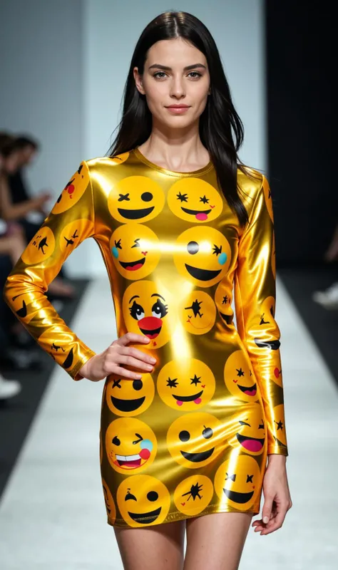 (blurry:-1), (sharp focus)
professional photo of a standing caucasian woman in a (shiny metallic dress) made entirely out of large yellow face emojis. ((black hair. blue eyes)). hand on hip.
stunning eyes, skin detail, skin pores, blemishes.
simmple detailed background. fashion runway.
RAW photo, masterpiece, photorealistic, 8k, stunning eyes, skin detail, skin pores, blemishes