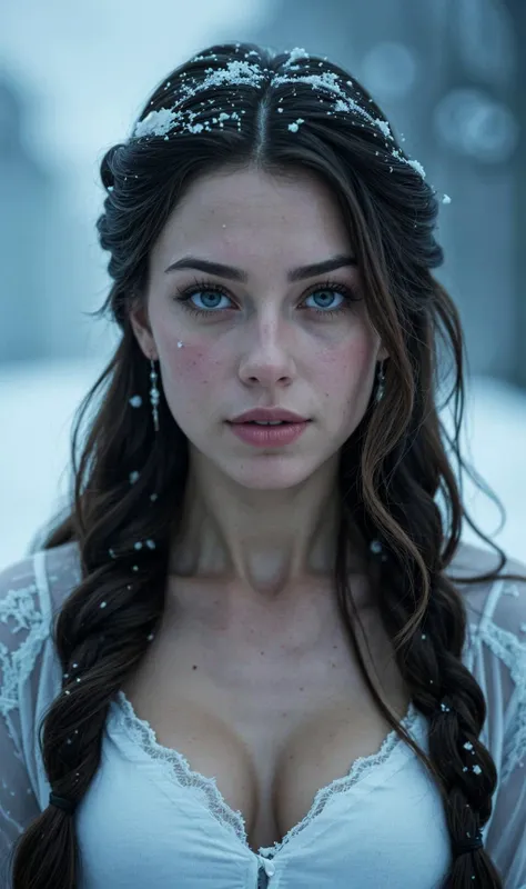 portrait photo of the majestic beautiful snow queen, at dawn, foggy, creepy scene, cinematic.

RAW photo, masterpiece, photorealistic, 8k, stunning eyes, skin detail, skin pores, blemishes