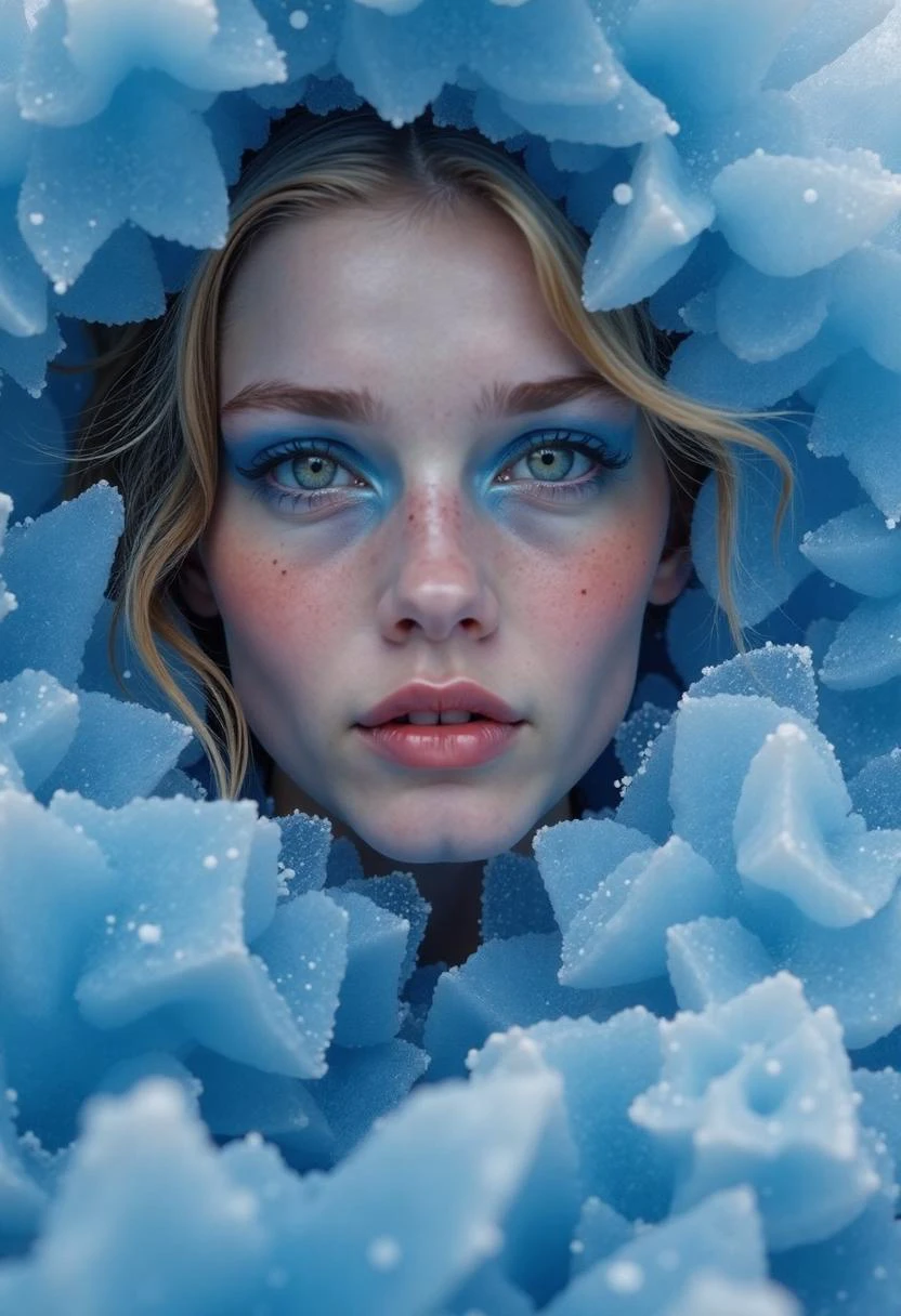 A portrait of a young woman, Scandinavian, with a serene and content expression.A beautiful biomorphic crystalline winter landscape, dotted with glacial flowers. She is draped a haute-couture rococo style glacial clothing, its folds and layers seeming to shift and shimmer like the aurora borealis. Every detail of the painting is rendered with an elegance and intricacy, a highly detailed masterpiece. style of miles aldridge, <lora:artist/style_of_Miles_Aldridge_FLUX_154.safetensors:-1.0>,