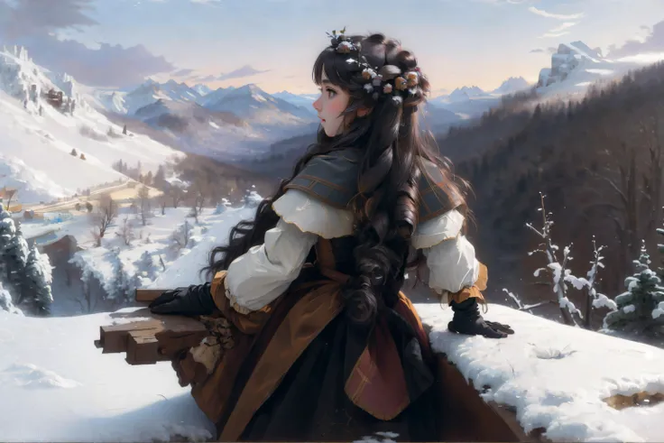 ((best quality)), ((masterpiece)), (detailed),4k, <lora:bgv2:0.8>,1 girl, solo, from behind, long hair, floating hair,warm clothes,gloves,beautiful scenery, detailed scenery, sharp details,Style-Winter