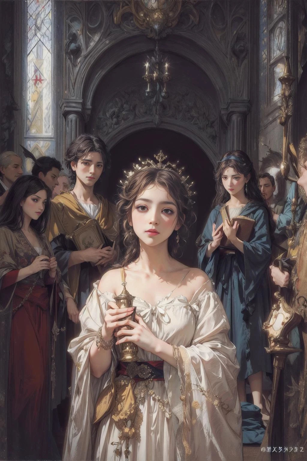 (masterpiece, official art, beautiful and aesthetic),(best quality:1.2),light on face,cinematic lighting, (1girl:1.2), Depth of field, classical, church, elegent, <lyco:GoodHands-beta2:1> <lora:add_detail:1> <lora:still_life_v3:0.7> <lora:animetarotV51:0.6>