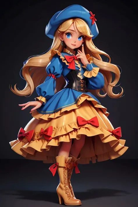 girl, blue eyes, blonde hair, european, fluffy, long hair, at the front, highres, looking at viewer, solo, beuty face, realism, HQ, best quality,velvet dress, heels boots, in cone forest, l34th4rdr3ss, long sleeves, leather dress, frills, black dress, juliet sleeves, corset, puffy long sleeves,, perfecteyes, BadDream, Pizza-TV-Couch, lo dress, layered dress, long dress, lace-trimmed dress, frills, puffy sleeves, wide sleeves, bow, jewelry, long sleeves, hat