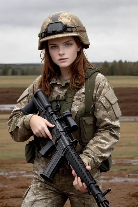 best quality, masterpiece, portrait of , <lora:opt-minianden2000s:1>opt-minianden2000s, freckles, dark auburn hair, holding an m16 rifle, dressed in camouflage military fatigues and helmet, muddy, on muddy battlefield