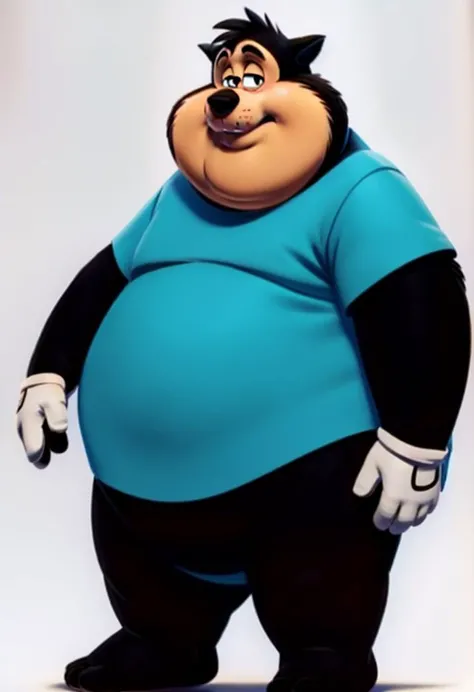 <lora:P.J. Pete:0.7> obese, male, cat, shirt, pants, gloves, light brown skin, black fur body,, (best quality, masterpiece:1.2), 8k resolution, ultra high res, ultra-detailed, perfect ligthing, bloom, cinematic lighting,, centered, (full body:1.3), digital art, masterpiece,solo,detailed, standing, | simple background, white background, character concept art, |