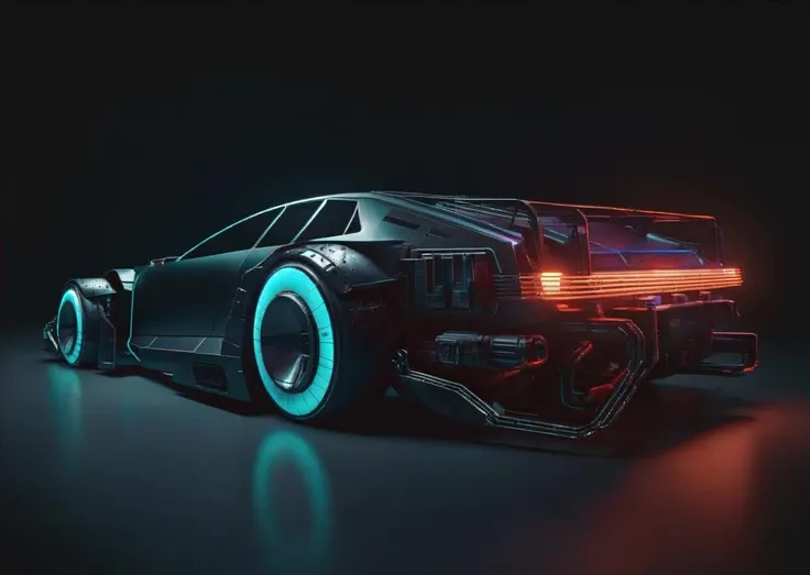 a car is shown in a dark room with a light on it's side and a black background, Beeple, 3 d render, a 3D render, cubo-futurism, SCI-FI , CYBERPUNK<lora:concept_car:1.0>