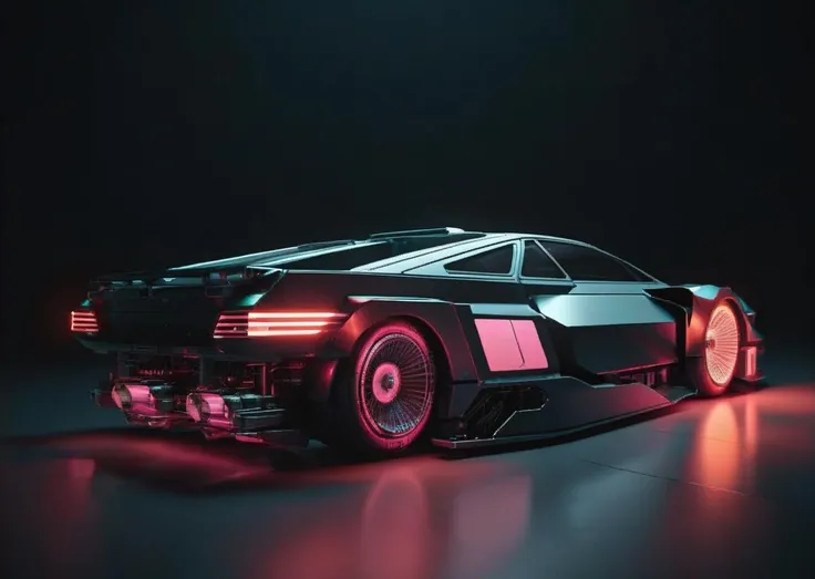 a car is shown in a dark room with a light on it's side and a black background, Beeple, 3 d render, a 3D render, cubo-futurism, SCI-FI , CYBERPUNK<lora:concept_car:1.0>