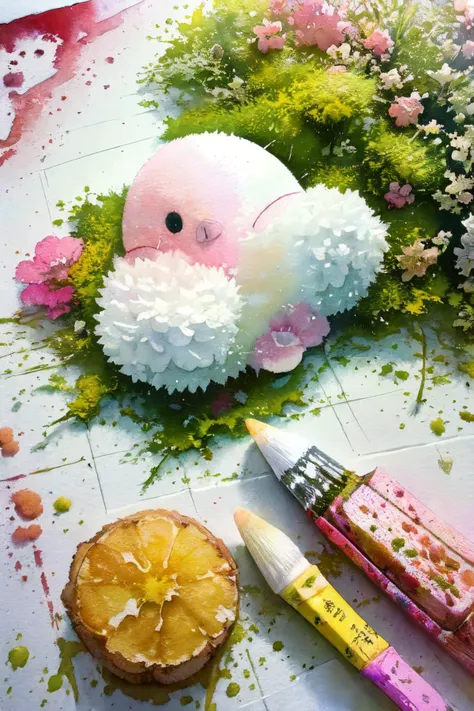 (moist paper,bright watercolor style,comfort,pastel painting illustration,concise,watercolor rendering,natural rendering,pigments mix naturally:1.3),
(white theme,bright theme,:1.3),
 <lora:flower_v3:0.4> bird,shaped, moss, flower, still life