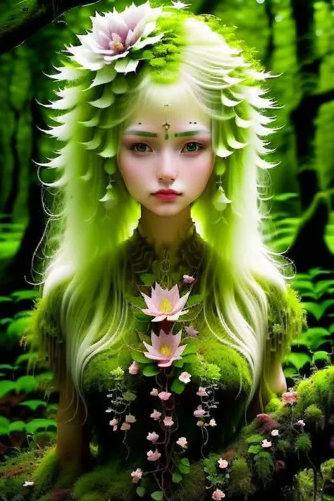 woman with a perfect face in a mythical forest, masterpiece, intricate details, raw photo, photo unp <lora:flower_v3:0.7> shaped, moss, flower, still life,