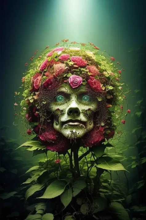 Heavy Metal art style, (Guns and Roses theme:1.2), tiny (Axel Rose:1.2) face shaped flower (rose),  still life, guns, vines, thorns, realistic, setumei, parody, plant, complex background, depth of field, vanishing point, hyperdetail eyes and face, 
(Stunningly beautiful background by Don Bluth:1.3),
Art by Ransom & Mitchell | Craola, Visually captivating and surreal paintings that transport viewers to imaginative and fantastical realms. The artworks are characterized by intricate details, fantastical creatures, and dreamlike environments. seamlessly blends elements of fantasy, mythology, and urban culture, creating a unique and enchanting visual narrative. The use of vibrant colors, imaginative compositions, and attention to detail draw viewers into a world that is both whimsical and thought-provoking. by Satori Canton
<lora:flower_v3:0.5>