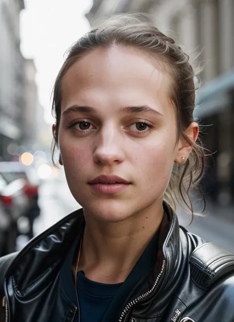A stunning intricate color close up portrait of (sks woman:1) , wearing Jumpsuit, epic character composition, sharp focus, natural lighting, subsurface scattering, f2, 35mm, film grain, , by Peter Lindbergh, <lora:lora-small-alicia-vikander-v1:1>