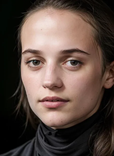 A stunning intricate color close up portrait of (sks woman:1) , wearing black turtleneck, epic character composition, sharp focus, natural lighting, subsurface scattering, f2, 35mm, film grain, , by Edward Weston, <lora:lora-small-alicia-vikander-v1:1>