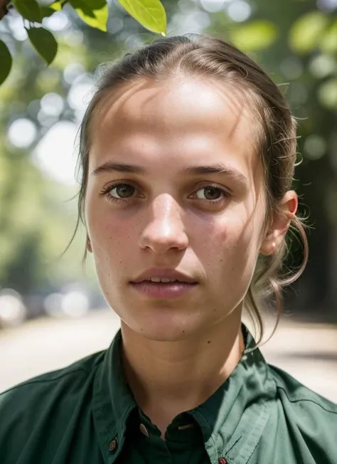 A stunning intricate color close up portrait of (sks woman:1) , wearing Button-down shirt and chinos, epic character composition, sharp focus, natural lighting, subsurface scattering, f2, 35mm, film grain, , by Dorothea Lange, <lora:lora-small-alicia-vikander-v1:1>