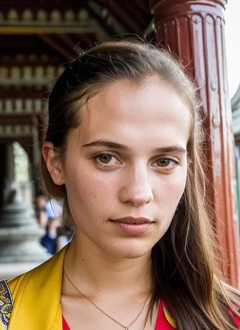 portrait of sks woman in Bangkok, at the Wat Arun temple, by Flora Borsi, style by Flora Borsi, bold, bright colours, ((Flora Borsi)), by Imogen Cunningham, <lora:lora-small-alicia-vikander-v1:1>